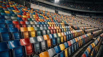 Fototapeta premium High angle view of empty colorful mosaic plastic seats in rows inside a massive sports stadium arena at night 