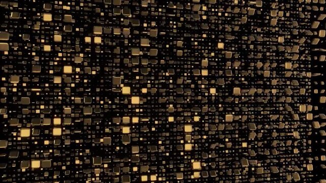 Abstract background with golden squares on black.