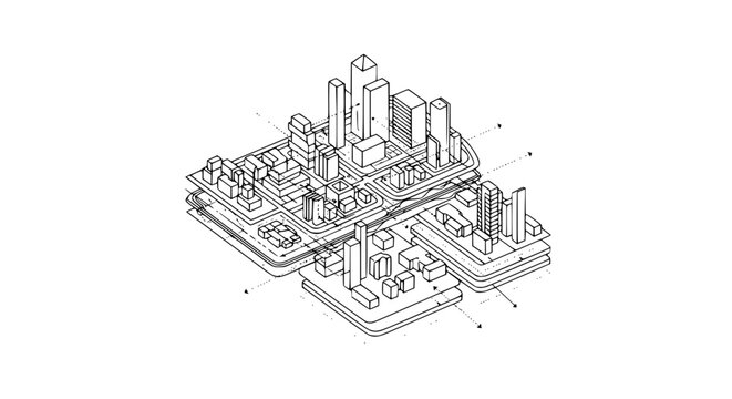 Layered isometric smart city infrastructure and urban planning development blueprint data infographic line art illustration