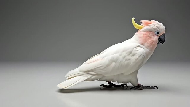 Cockatoo Walking Gracefully Across A Clean Studio Floor Showcasing Its Vibrant Plumage And Playful Demeanor On A Neutral Background