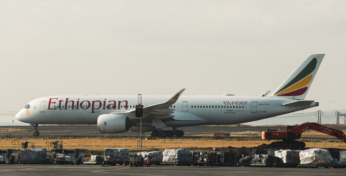 Addis Ababa, Ethiopia - May 28, 2026: Ethiopian airline plane at Addis Ababa airport preparing for departure