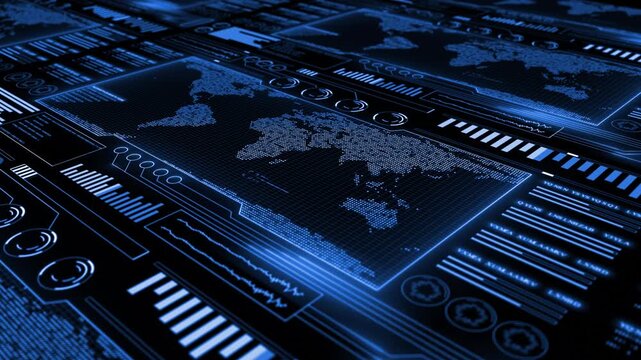 Royal blue  color HUD animation world map with binary code complex data hi tech design black technology background