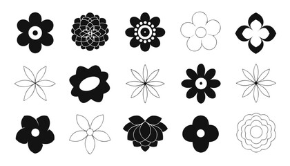 Fototapeta premium Black and white floral silhouette set of flowers vector pattern design ornament decoration nature illustration seamless icon collection mandala style tattoo art shapes