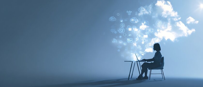 Silhouette of a woman working on a laptop with glowing data cloud, representing cloud computing and digital transformation.