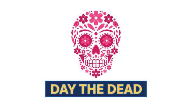 Ornate sugar skull calavera created from colorful pink flowers for Day of the Dead celebration on white background.