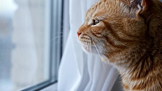 Curious Ginger Cat Close-Up with Prominent Whiskers Gazing Out Window and Sniffing Fresh Air in a Cozy Indoor Setting