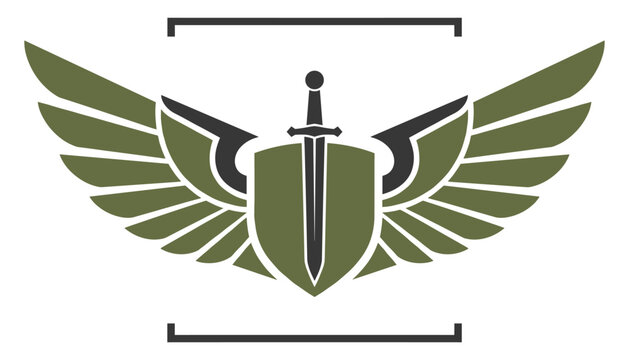 Tactical olive green military style emblem badge featuring a central shield, sharp steel sword, and spread wings.