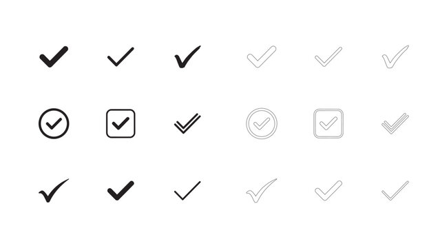Various check mark icons and tick symbols for task completion and validation design tasks.