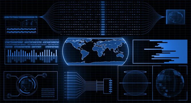 Royal blue  color HUD animation world map with binary code complex data hi tech design black technology background