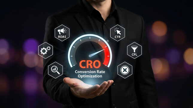 Businessman holding conversion rate optimization CRO dashboard concept with marketing icons