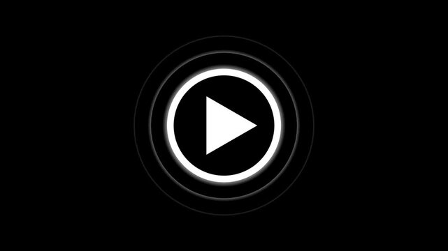 Minimalist white video play button icon on a black background. Play Button. Live Streaming video player. play icon, video play icon for website animation. Press to play with radio waves icon.