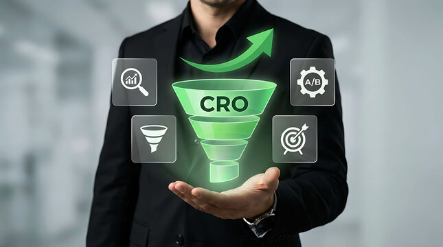 Businessman holding conversion rate optimization CRO funnel marketing growth concept