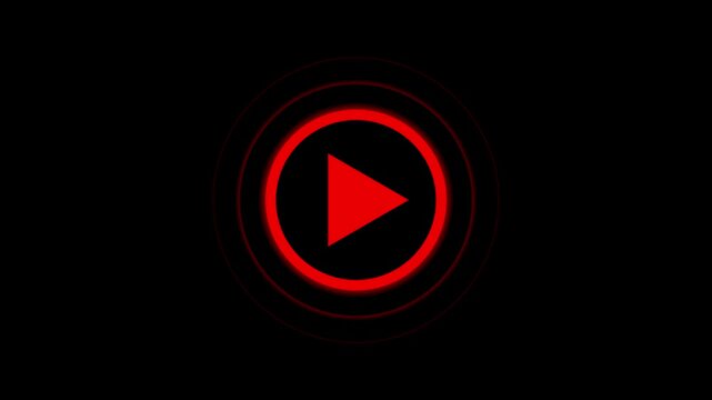 Minimalist white video play button icon on a black background. Play Button. Live Streaming video player. play icon, video play icon for website animation. Press to play with radio waves icon.