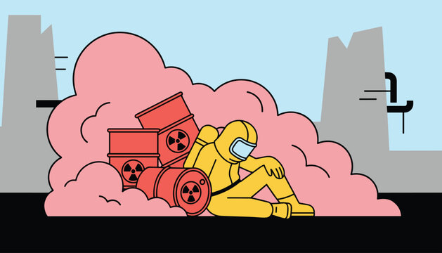 Tired person in a yellow biohazard suit resting next to leaking radioactive waste barrels amidst thick pink smoke.