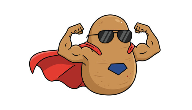 Funny cartoon potato superhero wearing sunglasses and a red cape while proudly flexing its huge muscular arms.