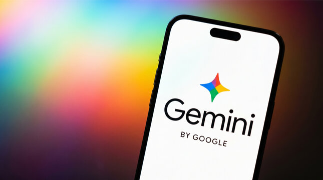 Smartphone with Gemini by Google Logo on Screen, Generative Artificial Intelligence Mobile App Interface, Modern Digital AI Technology, LLM Chatbot Brand Identity Display, Phone Device Mockup