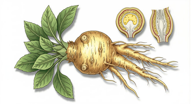 Ginseng root with green leaves and cross-sections a traditional medicinal herb for health and wellness used in Asian cultures for its adaptogenic properties and natural remedy.