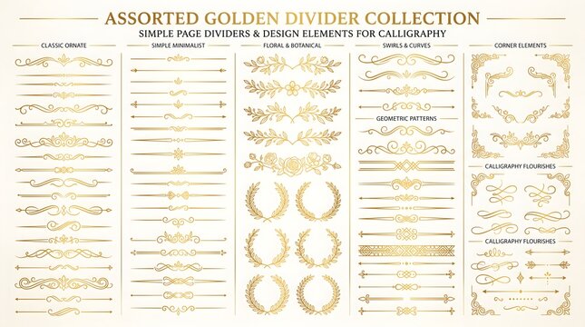 Assorted golden divider collection with classic lines, simple separators, floral garlands, circle wreaths and corner flourishes, comprehensive page ornament toolkit for calligraphy layouts, invitation