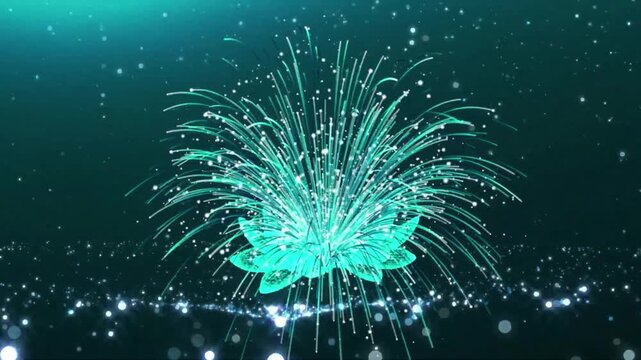 Abstract turquoise firework celebration design with sparkling particles on a dark background.