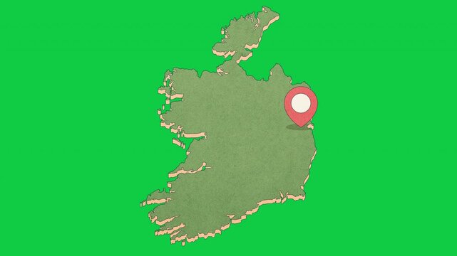 Animated Ireland Map with Bouncing Location Marker on Dublin City, Transparent Background, Alpha Channel, 4K resolution