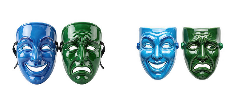 Blue smiling and green sad theatrical masks isolated on transparent background