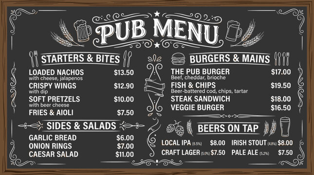 Chalkboard pub menu, restaurant food list, drink prices, blackboard beer selection