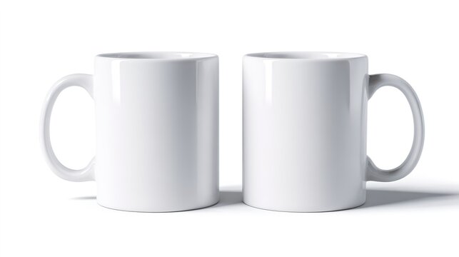 Two white ceramic coffee mugs on a plain background