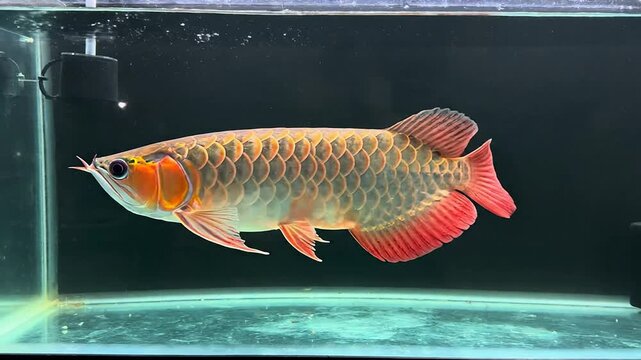 Elegant Red Arowana Fish Swimming Gracefully In Spacious Aquarium Against Dark Background, 4K UHD