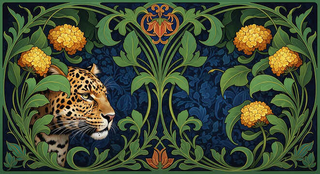 A detailed illustration of a leopard's head emerges from ornate floral patterns, evoking a sense of wild beauty and nature's artistry.