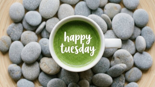 Top view of a cup of green matcha tea with the text happy tuesday on a background of smooth grey pebbles