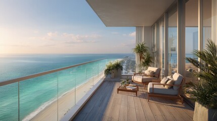 Fototapeta premium Sunlit Beachside Balcony Overlooking the Ocean in a Modern Coastal Condo