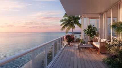 Fototapeta premium Sunlit Seaside Balcony Overlooking Calm Blue Water