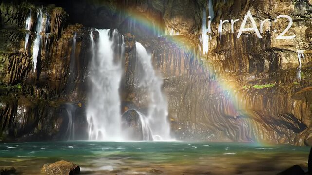 Majestic waterfall cascades into turquoise pool with rainbow in cave