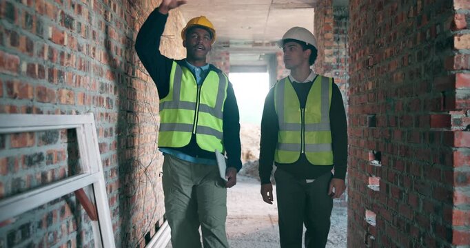 Construction, men or site inspection with tablet for masonry safety, wall structure or compliance. Inspector, foreman and tech in building for defect management, quality assurance or phase assessment
