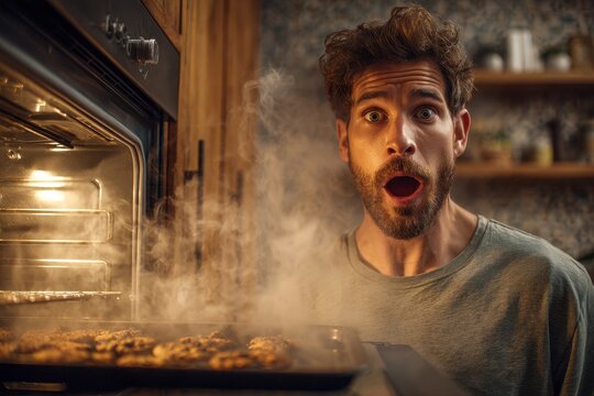 Surprised homeowner discovers charred cookies as oven smoke fills the kitchen