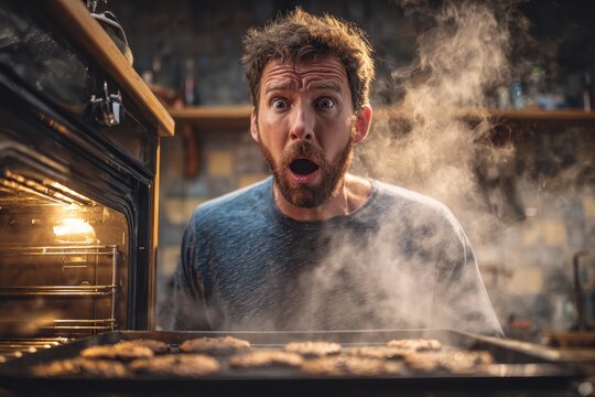Surprised homeowner discovers charred cookies as oven smoke fills the kitchen