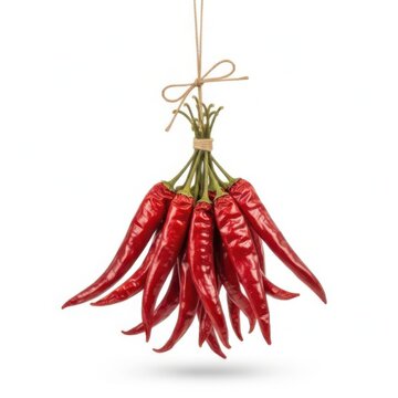 A bunch of fresh red chili peppers hanging by a string isolated on white background