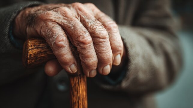 Texture and tenderness: elderly hands on a wooden cane in soft focus