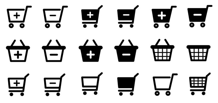 ショッピングカートと買い物かごのUIアイコンセット（ECサイト・ネットショップ用のシンプルモノクロ素材、カート追加・削除のボタンパーツデザイン）