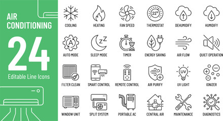 Fototapeta premium Flat design vector illustration of HVAC maintenance tips with 24-hour cooling system icons and temperature settings on green background.