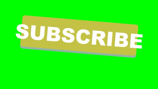 Animated yellow subscribe button with white text appearing on a green screen background, motion graphic.