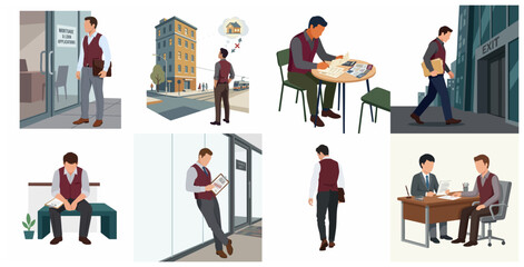 Fototapeta premium Man facing mortgage application process and loan rejection set of flat vector illustrations