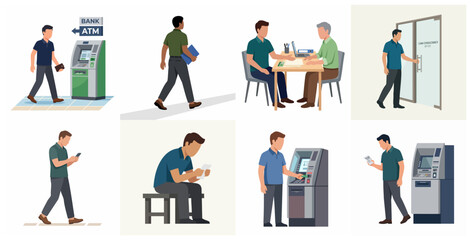 Fototapeta premium Set of diverse banking and financial activities including ATM transactions, loan consultation, and mobile banking.