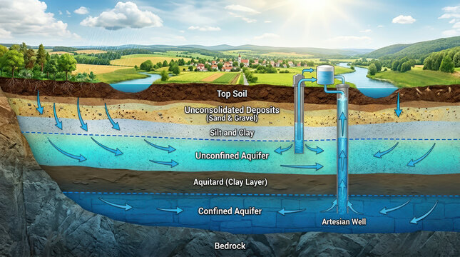 3D cross section diagram of an underground aquifer system. Geological illustration showing groundwater flow through soil layers and wells