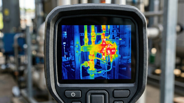 Thermal imaging camera screen showing heat gradient of industrial pipes. Infrared temperature inspection of valves in a factory. Diagnostic tool for energy efficiency and maintenance