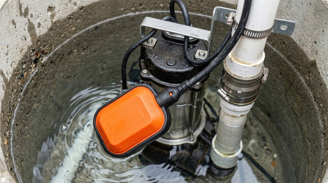 Submersible sump pump with orange float switch sensor in a concrete water pit. Automatic basement drainage and flood prevention system. Plumbing equipment installation