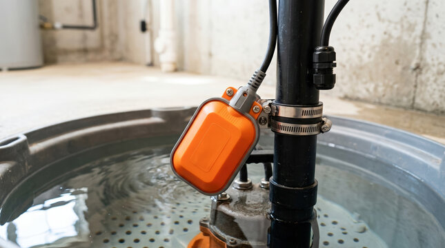 Orange tethered float switch sensor attached to a black pipe. Automatic water level control for a submersible sump pump in a grey basin. Residential basement drainage system