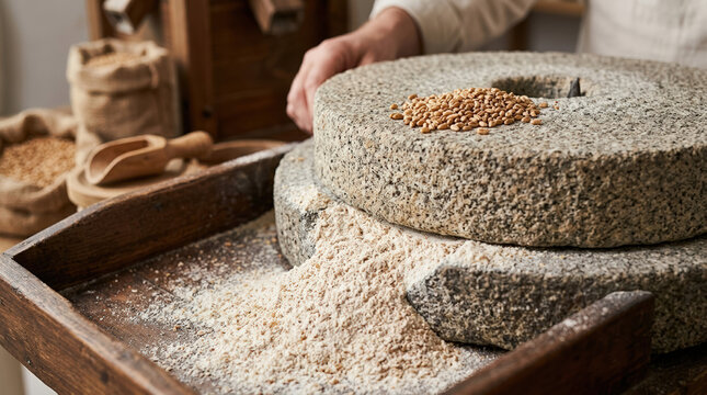 Traditional stone grinding wheel milling wheat into fresh flour. Whole grains on a textured millstone with ground meal spilling into a rustic wooden tray. Artisanal food production