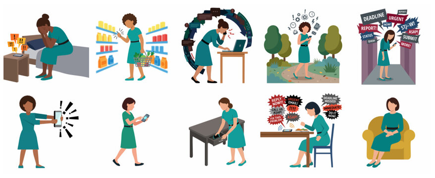 Illustration set of a woman experiencing digital burnout, smartphone addiction, and work stress, concluding with a peaceful digital detox for mental health.