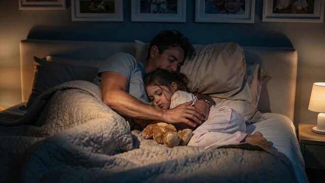 Cozy family bedtime scene with father and daughter reading together